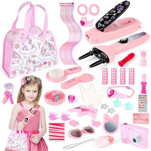 deAO Friseurkoffer Schminkset Spielzeug 34-teilig, Kinder Schmuckset mit Haarstyling Zubehör Handtasche Haarflechter Mobiltelefon Prinzessin Schminkspielzeug für Mädchen von deAO