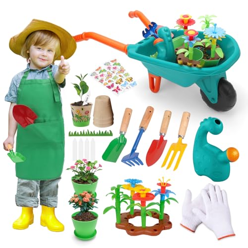 deAO Gartenset Kinder, Gartengeräte Spielzeug mit Schubkarre, Schaufel, Rechen, Blumentöpfe, Handschuhe, Schürze, Gartenwerkzeug & Sandspielzeug, Sandkasten Gartenspielzeug Set Kinder von deAO