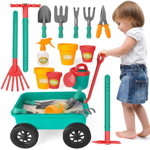 deAO Gartenset mit Schubkarre Kinder, Schaufel, Rechen, Blumentöpfe, Gießkanne Usw, 14PCS Kinder Gartengeräte Spielset, Outdoor Gartenwerkzeug & Sandspielzeug ab 3 4 5 6 7 Jahren von deAO