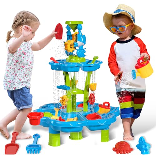 deAO Sand- Und Wasserspieltisch Spielzeug für Kinder 3 4 5 6, Doppeldeckertisch Sommer Sand-Spieltisch mit Sandform Zubehör, Wasserrad, Garten Strandspiel-Aktivitätsset für Jungen Mädchen von deAO