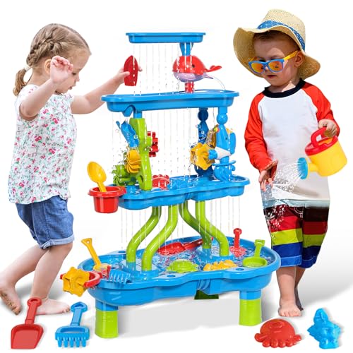 deAO Sand- Und Wasserspieltisch Outdoor Spielzeug für Kinder, 4-Tier Sommer Aktivitäten Spieltisch mit Strandformen Zubehör, Garten Strandspiel-Aktivitätsset für Jungen Mädchen 3 4 5 6 7 8 Jahre Alt von deAO