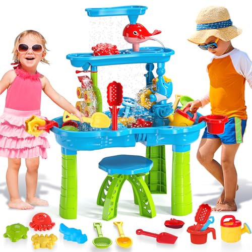 deAO Groß Sand Wassertisch mit 13 Stück Zubehörset, Wasserkocher, Eimer, Sandform, Rechen, Schaufel, Garten Wasser Spieltisch, Draußen Strand Aktivität Tisch Kinder von deAO