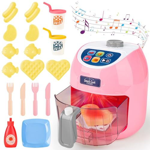 deAO Heißluftfritteuse Kinder, Realistisch Touchscreen AirFryer mit Farbverändernde Lebensmittel, Sound und Licht, Gewürzspielzeug, Rollenspiele Küchenspielzeug für Jungen Mädchen ab 3 Jahren, Rosa von deAO