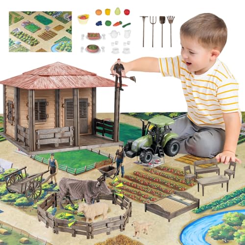 deAO Kinder Bauernhof Spielzeug mit Bauernhaus, Möbel, Bauernhof Tiere, Bauernfiguren, Zäune, Schubkarre, Heugabel und mehr，Bauernhof Spiel Set Lernspielzeug für Jungen und Mädchen von deAO