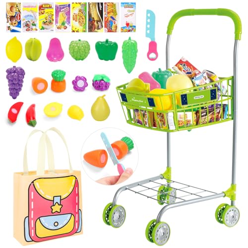 deAO Kinder-Einkaufswagen Trolley Spielset, Einkaufskorb Supermarktwagen Einkaufswagen Zubehör Set mit vorgetäuschten Lebensmitteln und Zubehör Lebensmittel-Einkaufswagen Rollenspiele Geschenk von deAO