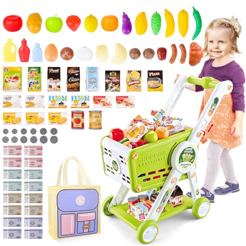 deAO Kinder-Einkaufswagen Trolley Spielset mit vorgetäuschten Lebensmitteln und Zubehör Lebensmittel-Einkaufswagen vorgetäuschtes Spiel und Rollenspiele (Grün) von deAO