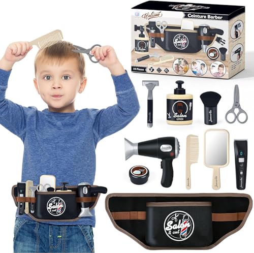 deAO Kinder Friseur Set, Friseurladen-Spielset Rasierspielzeug mit Batteriebetriebener Fön, Styling-Zubehör, Friseurkoffer Kinder, Bürste und vielem mehr Rollenspielset für Jungen ab 3 Jahren(11stk) von deAO