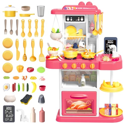 deAO Kinder Küche Spielküche mit Licht und Sound, Inkl 54PCS Kinder Küchenset Spielküche, Spüle, Backofen, Induktionsherd, Kaffeekocher, Dessertständer, Spielset Geschenk für Kleinkinder (Rosa) von deAO