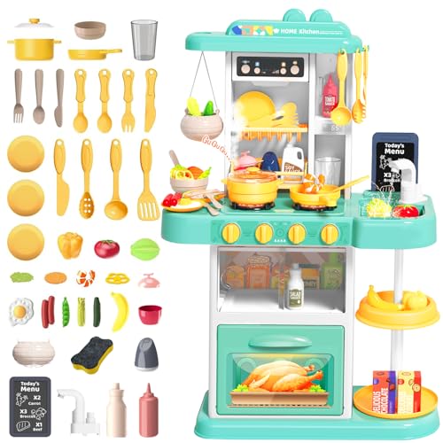 deAO Kinder Küche Spielküche mit Licht und Sound, Inkl 54PCS Kinder Küchenset Spielküche, Spüle, Backofen, Induktionsherd, Kaffeekocher, Dessertständer, Rollenspiele Spielset Geschenk für Kleinkinder von deAO