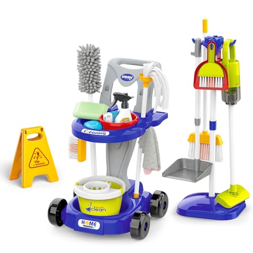 deAO Kinder Putzwagen ab 2 3 Jahre mit Wischmop, Eimer, Besen, Staubsauger, Bürsten, Kehrschaufel, Handfeger, Reinigungswagen Set, Rollenspiel Haushaltsspielzeug, Cleaning Toy (Blau) von deAO