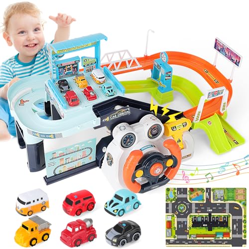 deAO Kinder-Rennstrecken mit Musik, Simulation Lenkrad Auto Abenteuer Spielzeug, Puzzle Auto Tracks Playsets Race Track Spielzeug pädagogische Geschenke für Kinder von deAO