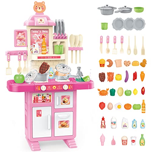 deAO Kinderküche “My Little Chef“ 69 PCS Küchenspielset Spielzeug mit Sounds und Licht, Dampf enthalt Obst, Gemüse, Lebensmitte Kochgeschirr, Mikrowelle, Backofen, Kühlschrank & Kochfelder Spielzeug von deAO