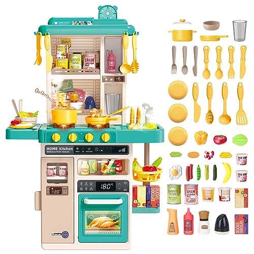 deAO Kinderküche “My Little Chef“ mit Sounds und Licht, Dampf, 50PCS kinderküche zubehör enthalt Geschirr, Lebensmitte, Spüle, Backofen& Kochfelder Spielzeug, Spielküche Kinder Set ab 1 2 3 Jahr von deAO