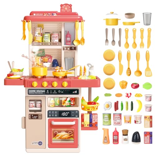 deAO Kinderküche “My Little Chef“ mit Sounds und Licht, Dampf, 50PCS kinderküche zubehör enthalt Geschirr, Lebensmitte, Spüle, Backofen& Kochfelder Spielzeug, Spielküche Kinder Set ab 1 2 3 Jahr von deAO