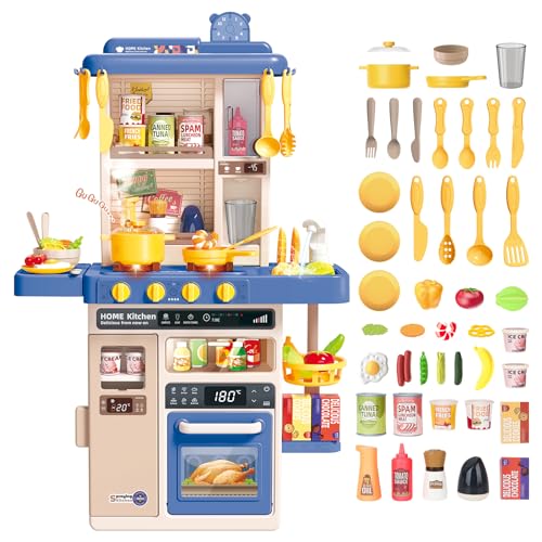 deAO Kinderküche “My Little Chef“ mit Sounds und Licht, Dampf, 50PCS kinderküche zubehör enthalt Geschirr, Lebensmitte, Spüle, Backofen& Kochfelder Spielzeug, Spielküche Kinder Set ab 1 2 3 Jahr von deAO