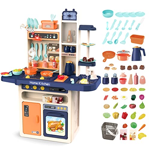 deAO Kinderküche Spielküche mit Licht, Dampf, Wasser, Kinder-Küchenspielset mit Küchenzubehör Herd Spüle Backofen Essen Küche Spielzeug, Chef Dinner Play Besteck Set Pädagogisches Spielzeug (Blau) von deAO