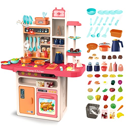 deAO Kinderküche Spielküche mit Licht, Dampf, Wasser, Kinder-Küchenspielset mit Küchenzubehör Herd Spüle Backofen Essen Küche Spielzeug, Chef Dinner Play Besteck Set Pädagogisches Spielzeug (Rosa) von deAO