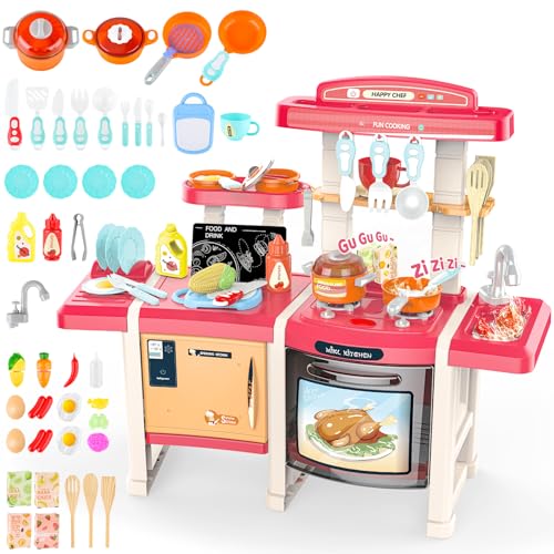 deAO Kinderküche Spielküche mit Licht Ton Wasser Dampf und 45Pcs Küchenzubehör, Kinder-Küchenspielset mit Kühlschrank Herd Spüle Backofen Essen Küche Spielzeug Spielzeugküche für Kinder ab 3 Jahren von deAO