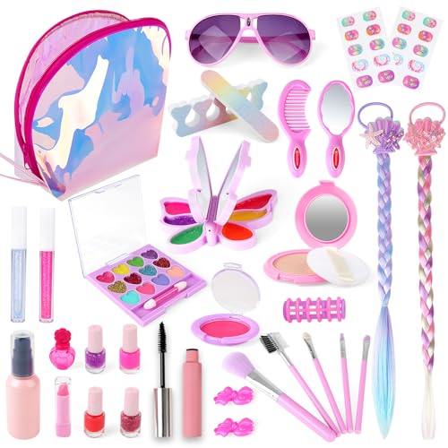 deAO Kinderschminke Set Mädchen, 32-Teilig Waschbar Kinder Make Up Set mit Kinder Schminkkoffer, Schminkset Spielzeug Halloween Weihnachts Geburtstags Geschenke für Mädchen von deAO