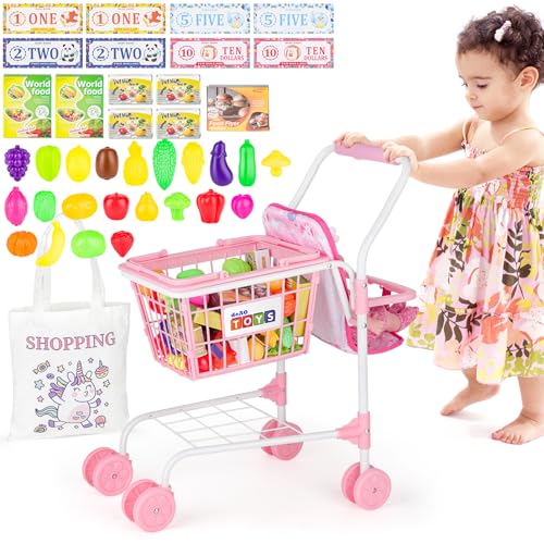 deAO Kinder Einkaufswagen Spielset, 47 Stück Lebensmittel Spielzeug Einkaufswagen, Supermarkt Kinder Wagen für Lebensmittel, Rollenspiel Spielküche Zubehör, Pädagogisches Geschenk, 55x30x51cm, Rosa von deAO