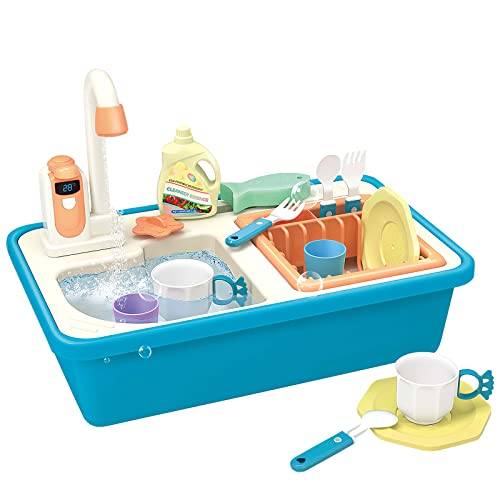 deAO Kitchen Play Sink Toys with Running Water, Electric Dishwasher Playing Toy, Pretend Toy Sink Play Kitchens for Boys Girls Bitrthday Gifts (Blue) von deAO