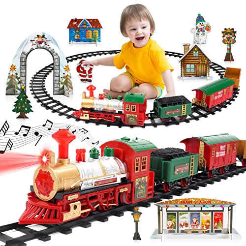 deAO Klassisches Zug-Set mit Weihnachtsmotiv für Kinder mit Scheinwerfer, realistischen Klängen, 4 Autos-Kutsche und Schienen, Weihnachtsdekoration unter dem Weihnachtsbaum von deAO