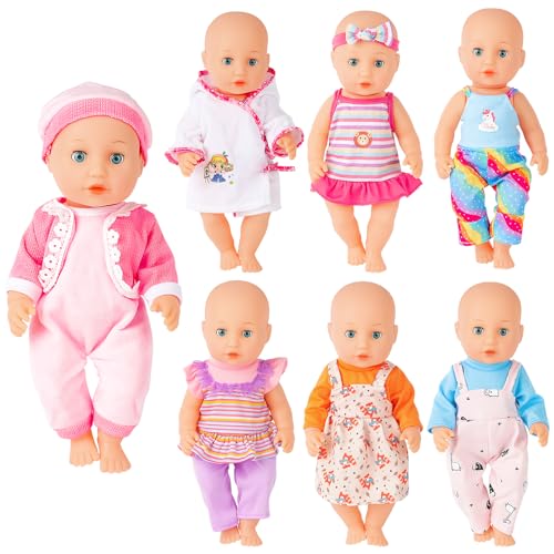 deAO Kleidung Outfits für Baby Puppen 36 cm 14inch, 7 Stück Puppenkleidung mit Set aus Kleid Hose Badeanzug, Puppenkleider Set Kleidung Bekleidung Outfits für Baby Puppen (Puppe nicht inklusive) von deAO