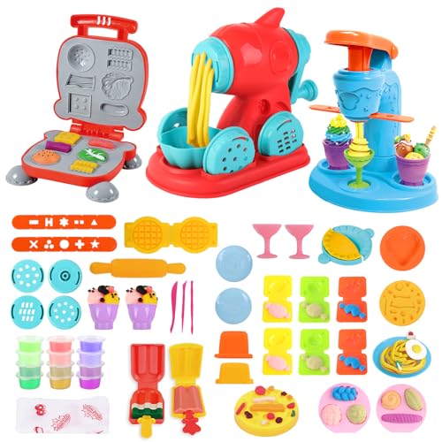 deAO Knetwerkzeug Teig Plastilin Werkzeuge, 52Stk. Knete Set für Kinder mit 12 Dosen Knete, Kinderknete Kitchen Creations Eismaschine Nudelmaschine Burgermaschine, Lernspielzeug Geschenk Mädchen Junge von deAO