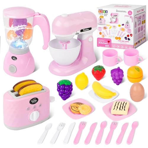 deAO Küchengeräte Kinder Set, 3 in 1 mit Mixer, Toaster, Entsafter und Spielzeugessen, Spielküche Spielset für Kinder, Kinderküche Zubehör Frühstücksset, Rollenspiel für Jungen und Mädchen (Rosa) von deAO