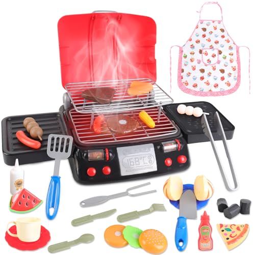 deAO Küchenspielzeug Kindergrill, Küchengrill-Spielzeugset mit Schürze, Rollenspiel-Kochspielzeug-Grillzubehör, Outdoor-Küchenzubehör mit Licht, Sound, Dampf, Geschenke für Kinder ab 3 Jahren von deAO