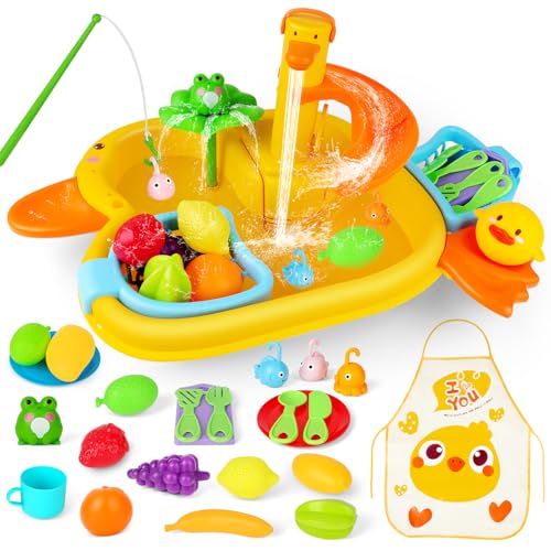 deAO Küchenspielzeugset mit funktionierendem Wasserhahn, Kinderwaschbecken Spülbecken-Spielzeug-Set Elektronisches mit Angelspielzeug Wasserkreislauf wasserdichte Schürze, Kinder Küchenspüle-Spielset von deAO