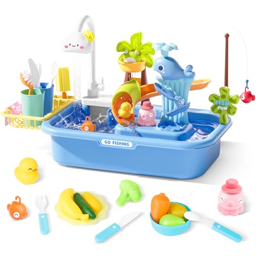 deAO Küchenspüle Spielzeug Set, Wasserbecken Spielzeug Set mit Wasserhahn, Niedlich Spielspüle mit fließendem Wasser, Obst-Schneiden, Schwimmendes Angelspielzeug für Das Wasserspiel für Kinder (Blau) von deAO