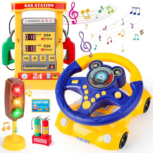 deAO Lenkrad Spielzeug und Tankstelle Spielset Tankstelle mit Sound und Licht, inkl. Feuerlöscher, Geschenkkarten, Spielgeld, Musikalische Spielzeuge für Babies, Rolspiele Kinder (Blau) von deAO