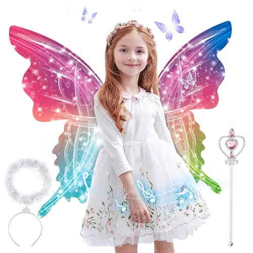 deAO Leuchtende Flügel, Feenflügel Kinder, Elektrisch Schmetterlingsflügel mit Musik & Licht, Fairy Wings, Fee Elfen Kostüm Erwachsen für Partys, Halloween 88 * 56.5CM (Color) von deAO