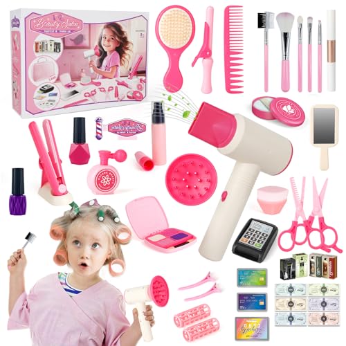 deAO Mädchenschönheitssalon-Set 50-teilig, Friseur- und Schminktaschen-Beauty-Set für Mädchen mit Kosmetiktasche Fön Lockenstab und Anderen Frisier und Styling Zubehör, Kinder Prinzessin Kosmetikset von deAO