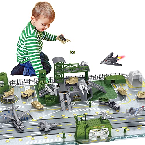 deAO Militär Basis Spielzeug Set, Army Men Playset mit Militärfahrzeug, Waffenzubehör, Fahrzeugzubehör und Spielkarte, tolles Armeespielzeug für Kinder 3, 4 und 5 Jahren Jungen Mädchen von deAO