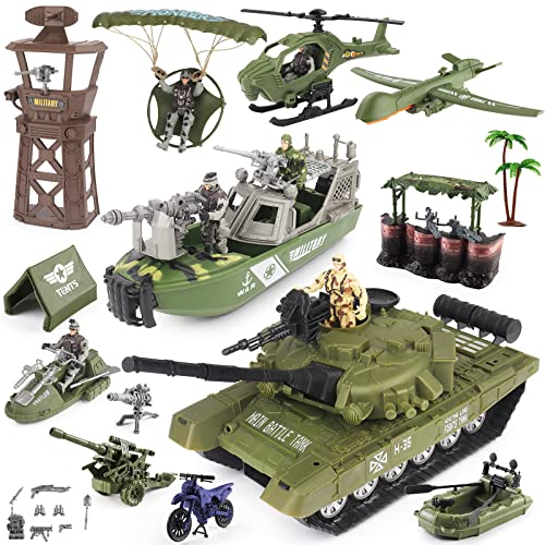 deAO Militärarmee Spielset, enthalt Soldaten Actionfiguren, Panzer, Kriegsschiff, Hubschrauber, Teleskop, Verteidigungsturm usw. Militär Spielset Geburtstagsgeschenk für Jungen und Mädchen von deAO