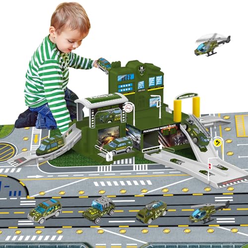 deAO Military Base Kinder mit Hubschrauber, Militärfahrzeug, Hauptquartier Büro Bauen, Militärbasis Spielzeug Set für Kinder mit Spielkarte für Jungen und Mädchen ab 4 5 6 7 Jahren von deAO