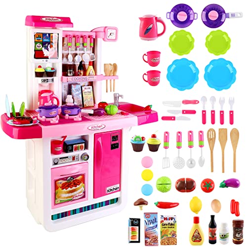 deAO "My Little Chef" Küchen Spielset mit Klängen, Touchscreen-Panel und Wasserspiele - Mehr als 40 Zubehör Enthalten (Pink) von deAO