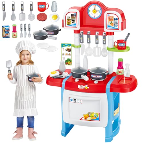 deAO My Little Chef Rollenspiel, Miniatur mit Licht und Sound, Kinderküche, 18 Zubehörteile, Herd, Spüle, Kühlschrank, Küche, Spielzeug, Geschenke für Jungen und Mädchen, Küchenutensilien für Kinder von deAO