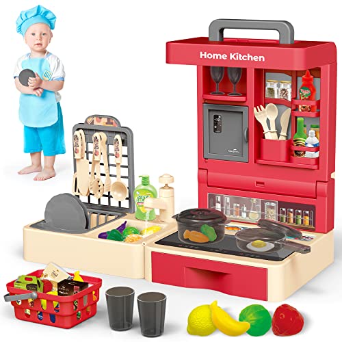 deAO “My Little Chef” Plastik Spielküche Küche für Kinder, mit 48 Stücke Küchenzeile Zubehör, Küchenspüle, Kochfeld, Kühlschrank, Lagerschränke usw. Küchen Spielzeugsets Rollenspiel für 2 3 4+ von deAO