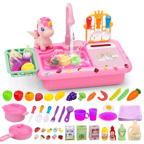 deAO Play Sink Toy Kitchen Waschbecken Küchenspielzeugset - Spielspüle Spielzeug mit elektrischen Wasserhahn mit Angelspielzeug Wasserkreislauf wasserdichte, Kinder Küchenspüle-Spielset | Pink von deAO