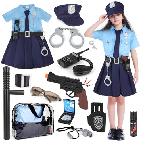 deAO Police Costume Kostüm Mädchen, 14 Stk Polizei Kostüm Offizier Kleid Set Kinder, Kinder Polizei Uniform Mädchen mit Mütze Polizei Ausrüstung, Polizei Spielzeug Halloween Karneval | L von deAO