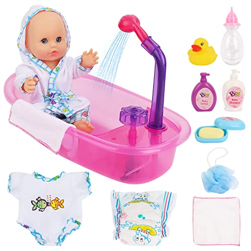 deAO Puppen Badewanne Set, 33cm Interaktive Badepuppe Baby Puppe Badezeit Baby Doll Spielset mit Schnuller Puppenkleidung Bademantel Puppen-Windeln Badewanne Funktionierendem Duschspray von deAO