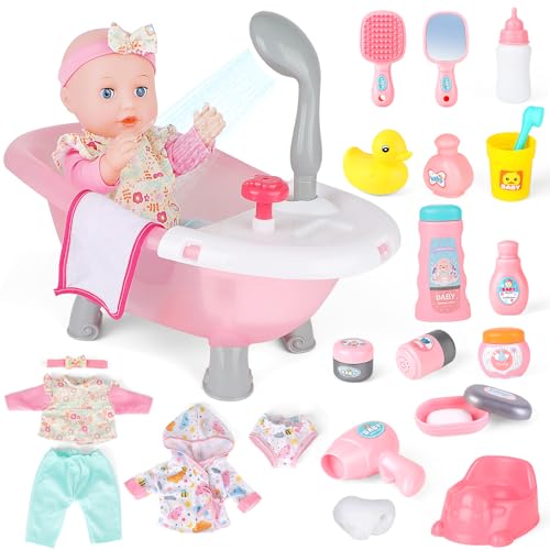 deAO Puppen Badewanne Set mit 36cm Puppe, Baby Nurse Puppen-Badewanne Puppe Bad Set mit Puppenkleidung Bademantel Babyflasche, Baby Doll Spielset Puppenbadewanne mit Funktionierendem Duschspray von deAO