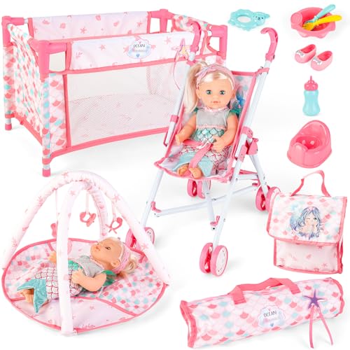 deAO Puppen Set, Baby Puppe Zubehör Set Babypuppe Rollenspielset mit 12” Puppe, Puppenkleidung, Reisebett, Puppen Wickeltasche, Puppenwagen, Spielbogen, Reisetasche, Babypuppe Fütterungsspielzeug Set deAO Puppen Set, Baby Puppe Zubehör Set Babypuppe Rollenspielset mit 12” Puppe, Puppenkleidung, Reisebett, Puppen Wickeltasche, Puppenwagen, Spielbogen, Reisetasche, Babypuppe Fütterungsspielzeug Set von deAO