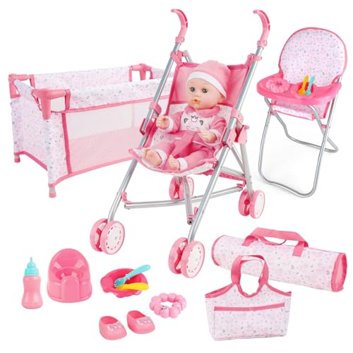 deAO Puppen Set, Babypuppe Rollenspielset Baby Puppe Zubehör Set mit 12” Puppe, Puppenkleidung, Reisebett, Puppen Wickeltasche, Puppenwagen, Hochstuhl, Reisetasche, Babypuppe Fütterungsspielzeug Set von deAO