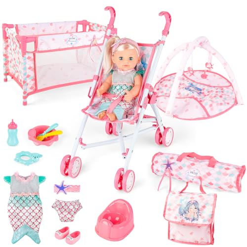 deAO Puppen Set, Babypuppe Rollenspielset Baby Puppe Zubehör Set mit 12” Puppe, Puppenkleidung, Reisebett, Puppen Wickeltasche, Puppenwagen, Spielbogen, Reisetasche, Babypuppe Fütterungsspielzeug Set von deAO