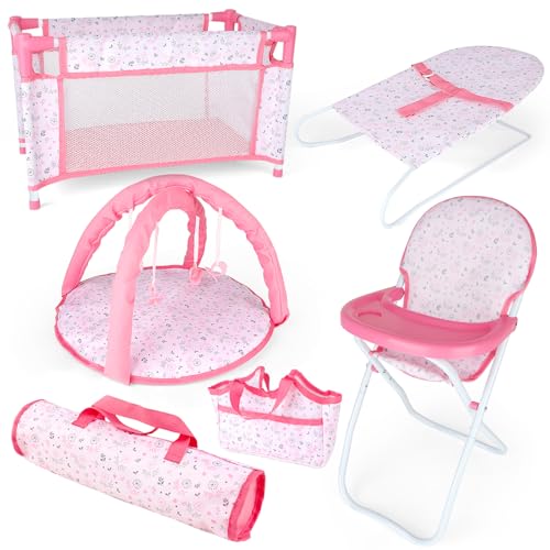 deAO Puppen Set 6 in 1, Babypuppe Rollenspielset Baby Puppe Zubehör Set mit Reisebett, Puppen Wickeltasche, Spielbogen, Hochstuhl, Türsteher, Reisetasche (Puppe nicht enthalten) von deAO