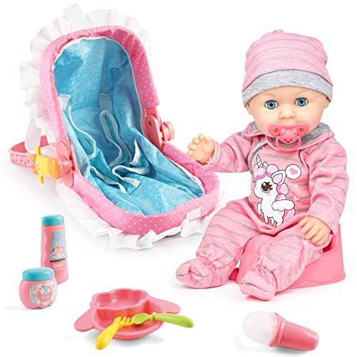 deAO Puppen Set mit Tragbar Puppenwiege, Meine Erste Babypuppe, Enthalt Töpfchen, Flasche, Schnuller und Zubehör, 10 Teile Spielset (Meine erste Babypuppe) (Version 1.1) von deAO